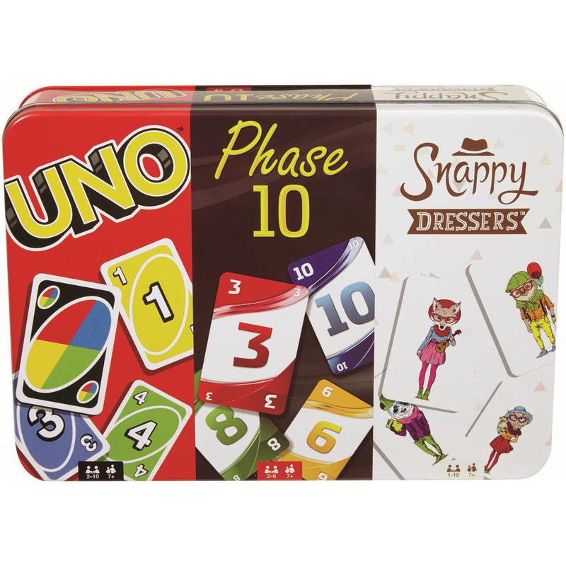 /// Mattel FFK01 - Kartenspiel-Klassiker in Metalldose: UNO, Phase 10, Snappy Dressers