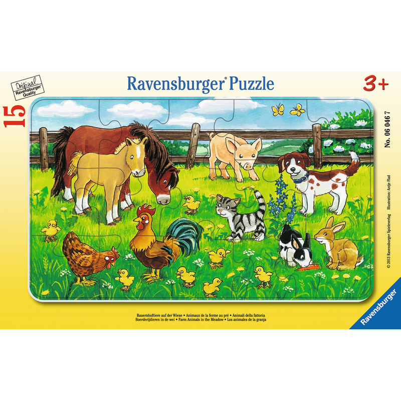 Ravensburger Puzzle: 15 Teile - Bauernhoftiere auf der Wiese - Puzzel Pferd Hund