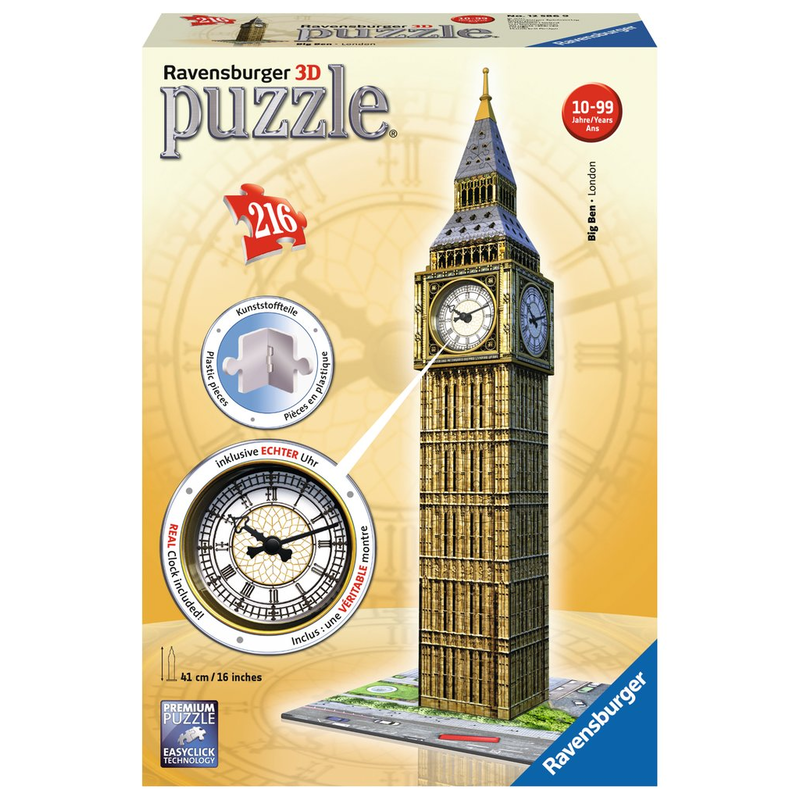 Ravensburger 3D Puzzle: 216 Teile - Big Ben mit Uhr - Erwachsenenpuzzle Puzzel