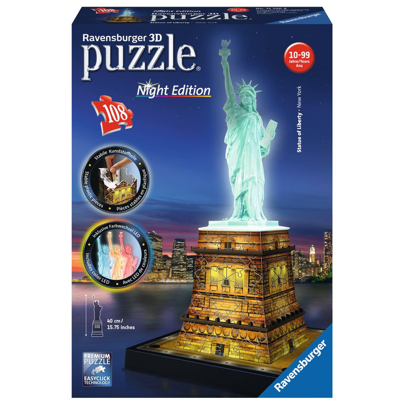 Ravensburger 3D Puzzle: 108 Teile - Freiheitsstatue bei Nacht - LED Puzzel