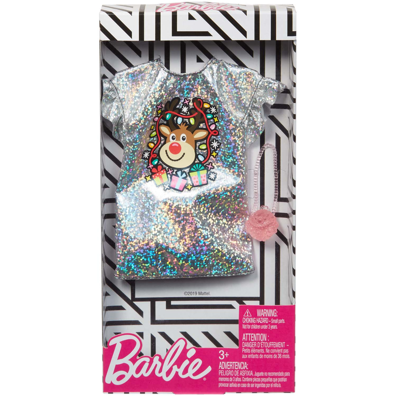 Mattel GGG51 - Barbie Fashions Holiday Fashion Pack silbernes Glitzerkleid mit Rentier