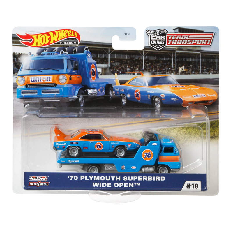 AUSWAHL: Mattel FLF56 - Hot Wheels Team Transport - LKW mit Auto Nr. 16 17 18 70er Plymouth Superbird + Wide Open