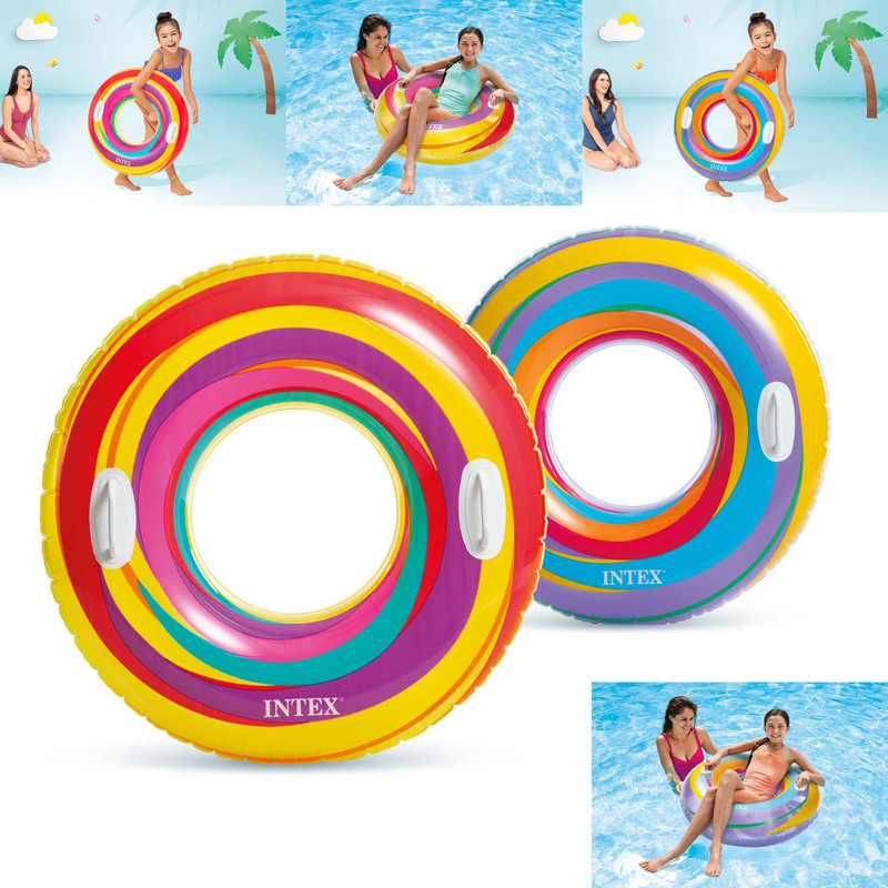 Intex 59256NP - Schwimmreifen Swirly Whirly 91 cm - XXL Schwimmring Regenbogen Lounge Luftmatratze