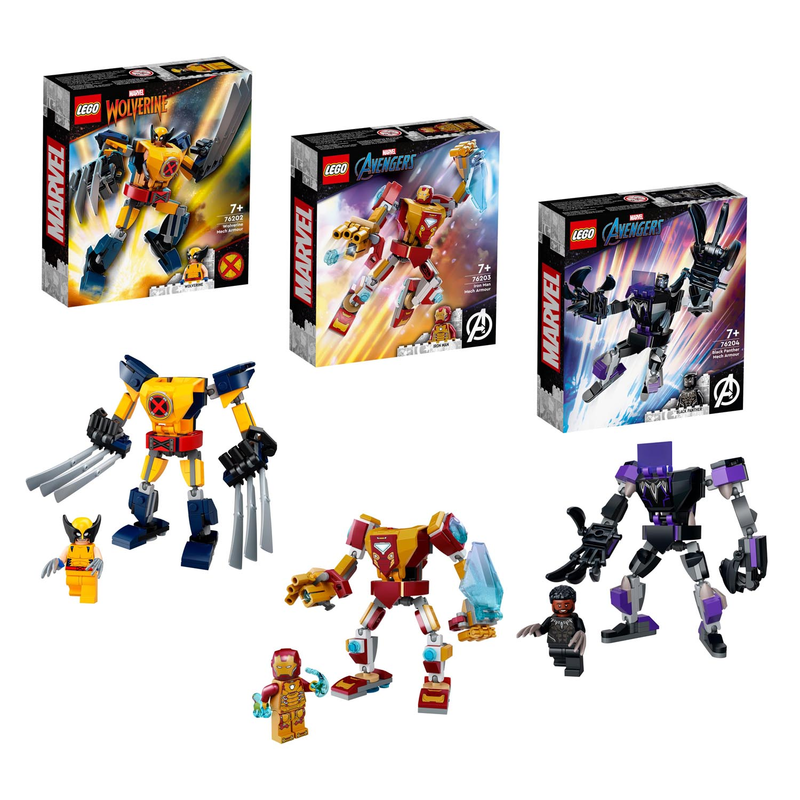 SET: LEGO Marvel Super Heroes - Wolverine Mech (76202) + Iron Man Mech (76203) + Black Panther Mech (76204) - 3er Set