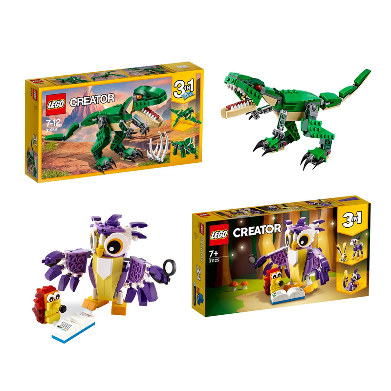 SET: LEGO Creator - Dinosaurier (31058) + Wald-Fabelwesen (31125) - T-Rex Triceratops Eule Hase Eichhörnchen - 2er Set 