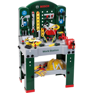Theo Klein 8513 - Bosch Workstation Werkbank mit Werkzeug, Helm, Handschuhe, Ohrenschützer und Fahrzeug