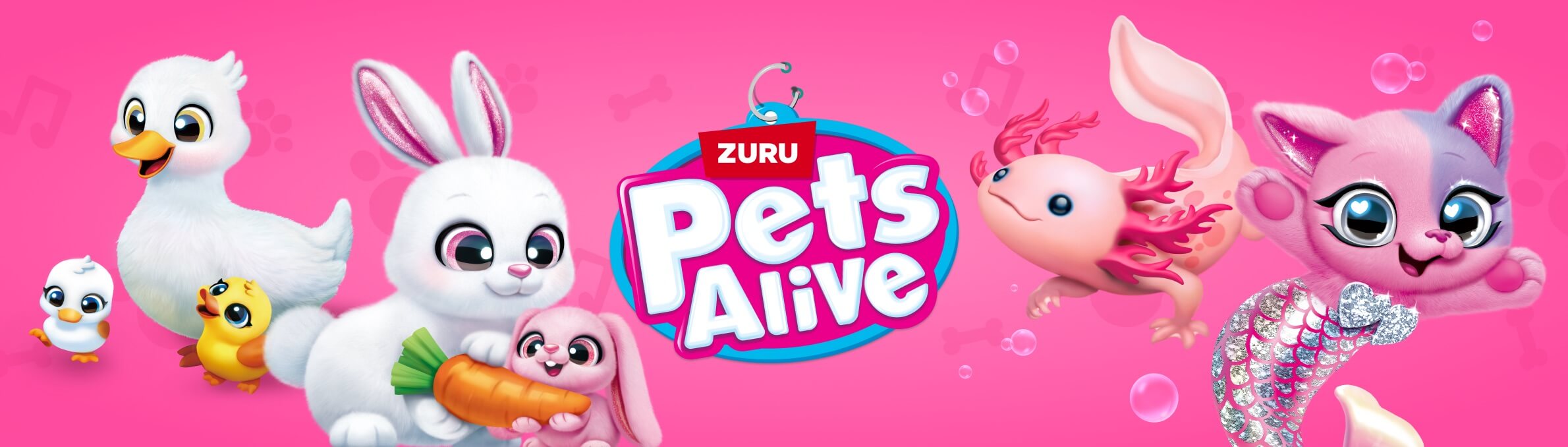 Das Bild zeigt Enten, Hasen und Axolotelsaus aus der Produktreihe Pets Alive.